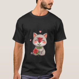 キュートな子猫が赤いバラを持つ恋愛バレンタインアート 🌹 Tシャツ
