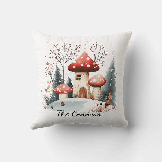 キュートな季節の冬の森の木きのこファミリー クッション (裏面)