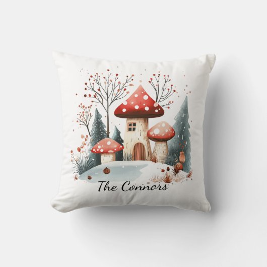 キュートな季節の冬の森の木きのこファミリー クッション (正面)