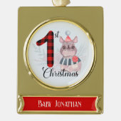 キュートな季節のRhino男の赤ちゃん1stクリスマスプレイド ゴールドプレートバナーオーナメント (正面)