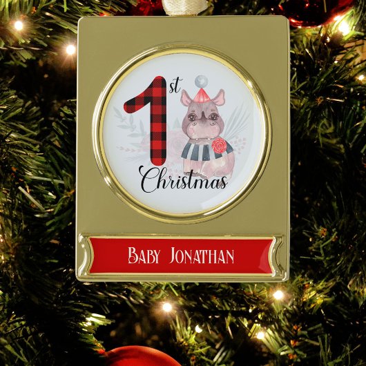 キュートな季節のRhino男の赤ちゃん1stクリスマスプレイド ゴールドプレートバナーオーナメント