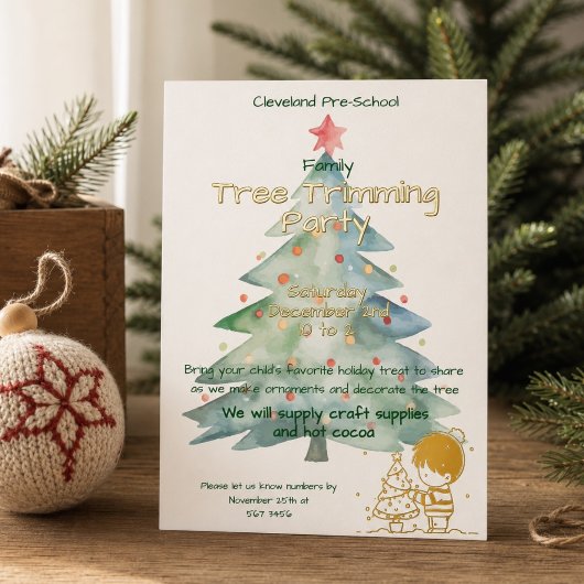 キュートな学校のクリスマスツリーの飾り付けパーティー ゴールド 箔招待状