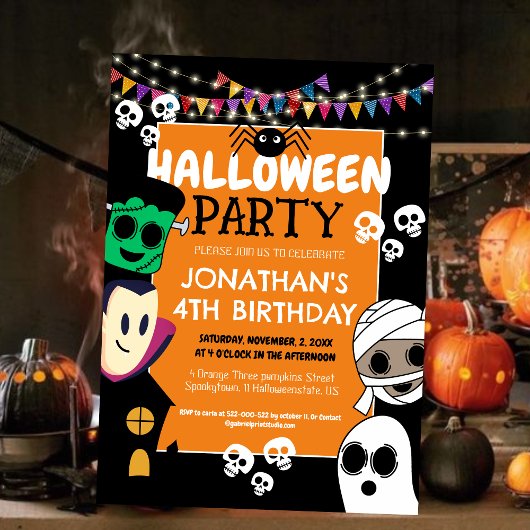 キュートな小さなモンスターのハロウィン4歳の誕生日パーティー 招待状