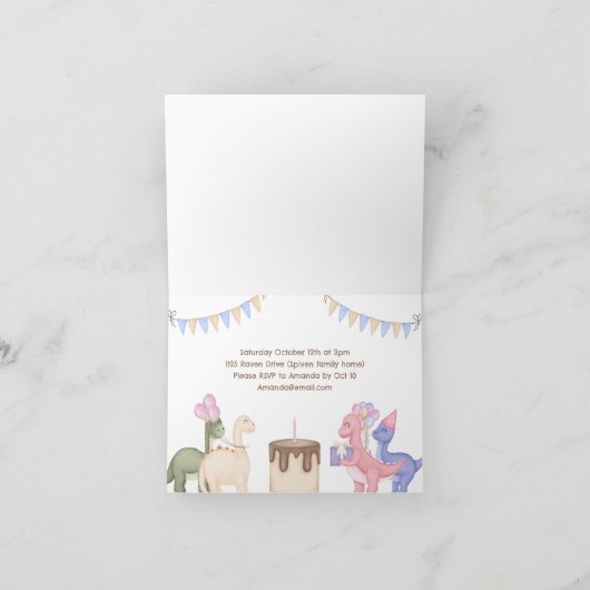 キュートな小さな恐竜とケーキの子ども誕生日 招待状 (内部)