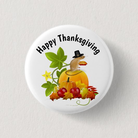 キュートな巡礼者マウスで感謝祭を楽しむ 缶バッジ (正面)