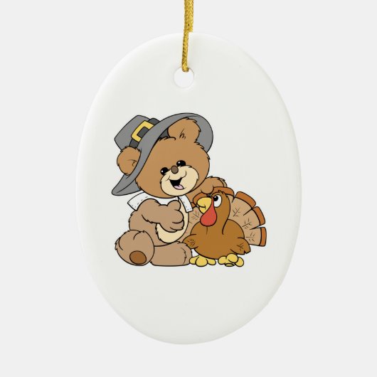 キュートな巡礼者teddy bear with turkey セラミックオーナメント (正面)