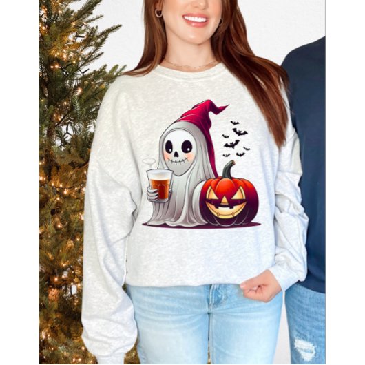 キュートな幽霊がアイスコーヒーを飲むハロウィンパンプキン Tシャツ