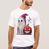 キュートな幽霊がアイスコーヒーを飲むハロウィンパンプキン Tシャツ (正面)