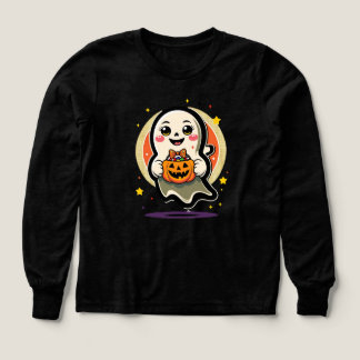 キュートな幽霊がカボチャのキャンディーバケツを持つレトロなハロウィン