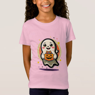 キュートな幽霊がカボチャのキャンディーバケツを持つレトロなハロウィン Tシャツ