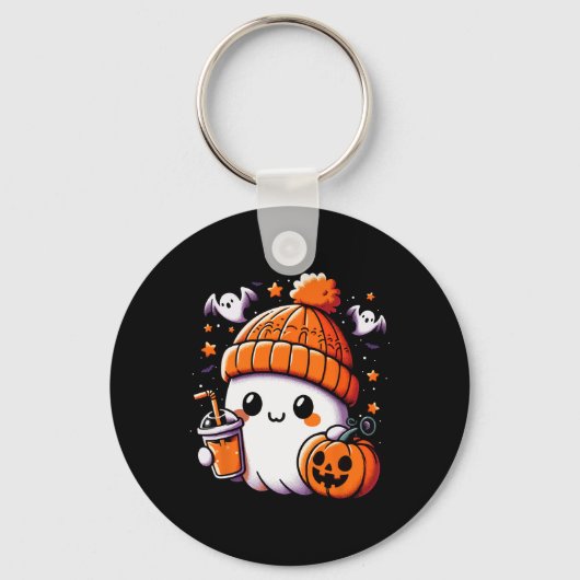 キュートな幽霊がコーヒーを飲むハロウィンコーヒー 女性向け キーホルダー (正面)