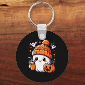 キュートな幽霊がコーヒーを飲むハロウィンコーヒー 女性向け キーホルダー (正面)