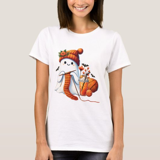 キュートな幽霊のかぎ針編み愛好家のためのハロウィンコーヒー Tシャツ (正面)
