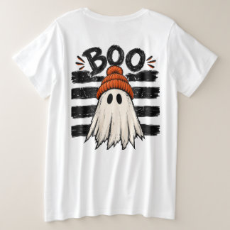 キュートな幽霊のオレンジ色のビーニー　ハロウィンTシャツ　女性用 プラスサイズTシャツ