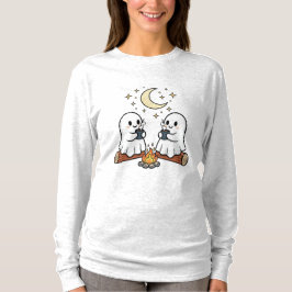 キュートな幽霊のキャンプファイヤー ロングスリーブTシャツ ハロウィン Tシャツ
