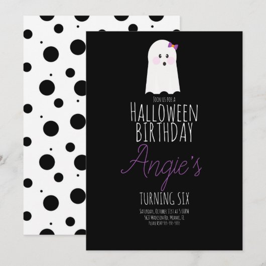 キュートな幽霊のハロウィンお誕生日会  ブラック 招待状 (正面/裏面)