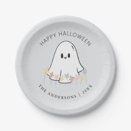キュートな幽霊のフラワー ハロウィン グレー ペーパープレート