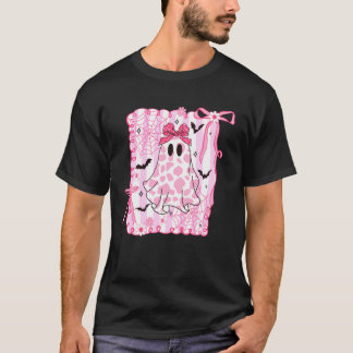 キュートな幽霊の可愛らしいピンクのリボンの牛柄のハロウィンS Tシャツ