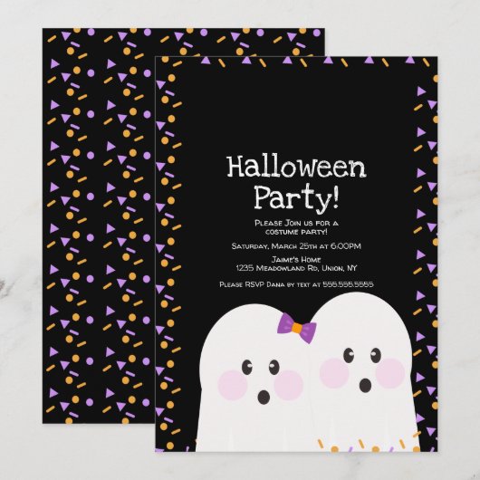 キュートな幽霊カップルのハロウィンパーティースプリンクル 招待状 (正面/裏面)