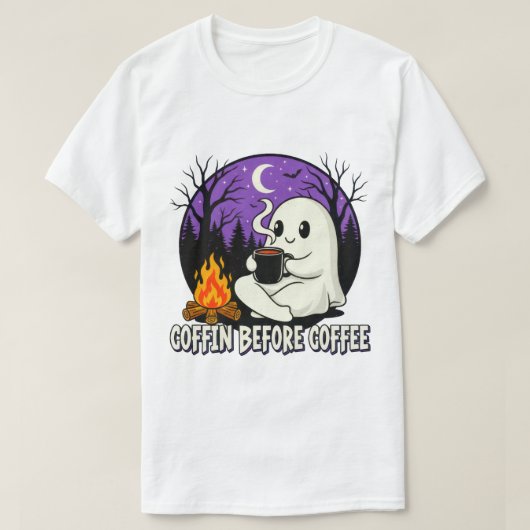 キュートな幽霊 コーヒー好き キャンピングデザイン Tシャツ (デザイン正面)