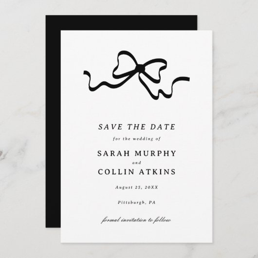 キュートな弓の飾り日付を保存 招待状 (正面/裏面)