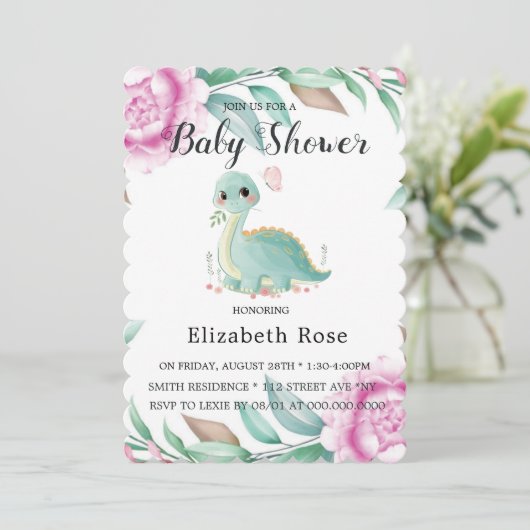キュートな恐竜とピンクの牡丹の赤ちゃんシャワー招待状 招待状 (スタンド正面)