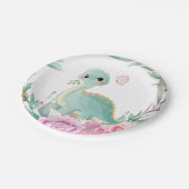 キュートな恐竜とピンクの牡丹の赤ちゃんシャワー ペーパープレート (アングル)