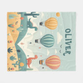 キュートな恐竜と熱気球 フリースブランケット (正面(横))