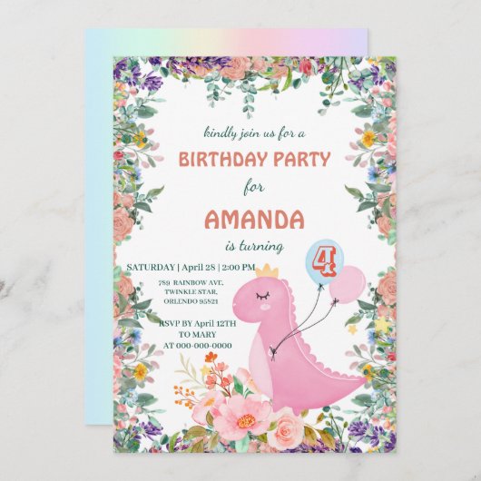 キュートな恐竜のクラウンバルーンフローラバースデーパーティー 招待状 (正面/裏面)