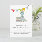 キュートな恐竜のケーキ1歳の誕生日 招待状 (スタンド正面)