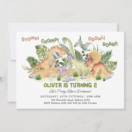 キュートな恐竜のトロピカル葉な男の子の誕生日パーティー 招待状 (正面)