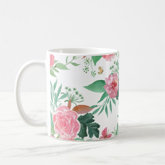 キュートな恐竜のヴィンテージ花柄 コーヒーマグカップ (左)