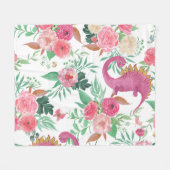 キュートな恐竜のヴィンテージ花柄 フリースブランケット (正面(横))