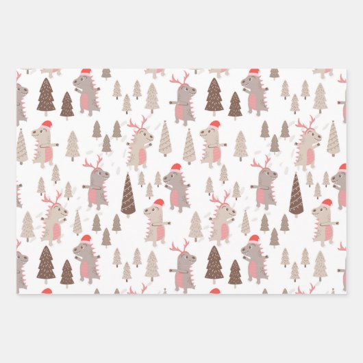 キュートな恐竜の休日のクリスマス ラッピングペーパーシート (正面3)