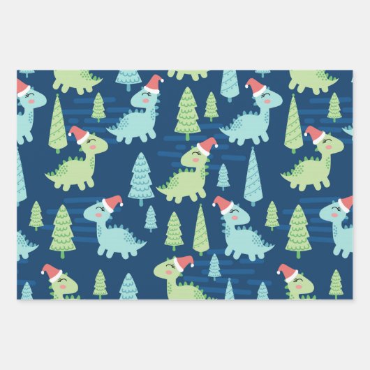 キュートな恐竜の休日のクリスマス ラッピングペーパーシート (正面)