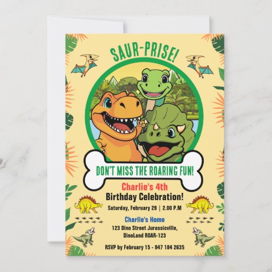 キュートな恐竜の先史時代の漫画の誕生日パーティー 招待状 (正面)