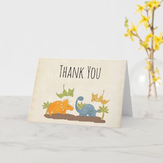 キュートな恐竜の先史時代の野生動物ありがとう カード (黄色い花)