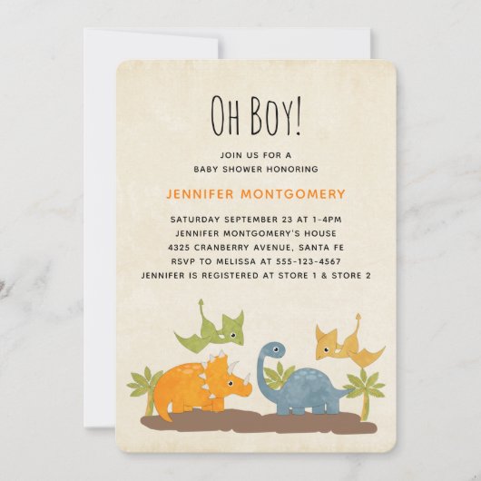 キュートな恐竜の先史時代の野生動物の赤ちゃんシャワー 招待状 (正面)