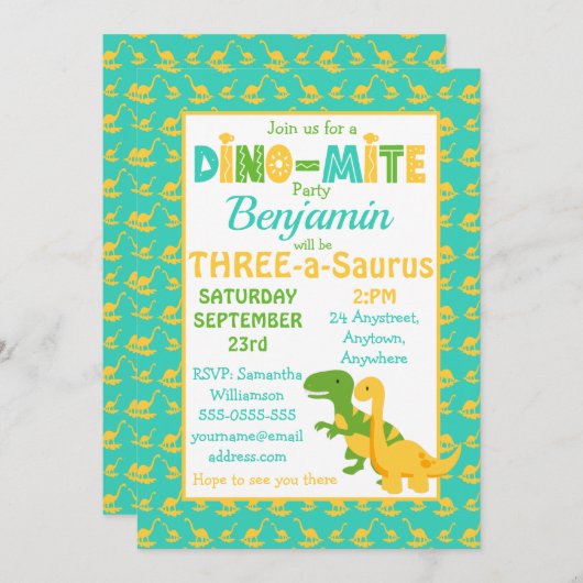 キュートな恐竜の少年の誕生日パーティーの招待状 招待状 (正面/裏面)