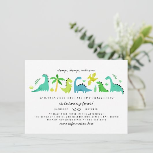 キュートな恐竜の少年の誕生日パーティー 招待状 (スタンド正面)