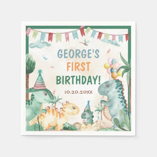 キュートな恐竜の最初の誕生日パーティー スタンダードカクテルナプキン (正面)