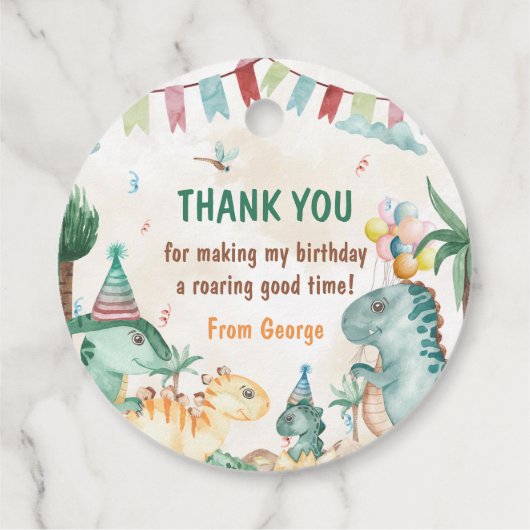キュートな恐竜の最初の誕生日パーティー フェイバータグ (裏面)