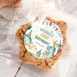 キュートな恐竜の最初の誕生日パーティー ラウンドシール