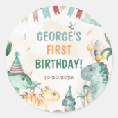 キュートな恐竜の最初の誕生日パーティー ラウンドシール (正面)