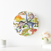 キュートな恐竜の水の色シームレスなアート ラージ壁時計 (ホーム)