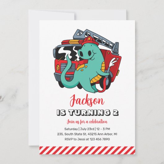 キュートな恐竜の消防士キッズディノ誕生日 招待状 (正面)