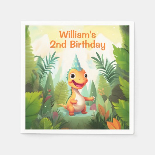 キュートな恐竜の熱帯林 |ディノ子供の誕生日 スタンダードカクテルナプキン (正面)