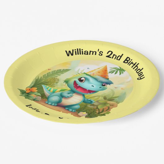 キュートな恐竜の熱帯林 |ディノ子供の誕生日 ペーパープレート (アングル)