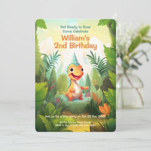 キュートな恐竜の熱帯林 |ディノ子供の誕生日 招待状 (スタンド正面)