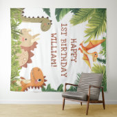 キュートな恐竜の緑の誕生日パーティーの背景 タペストリー (インサイチュ(横))